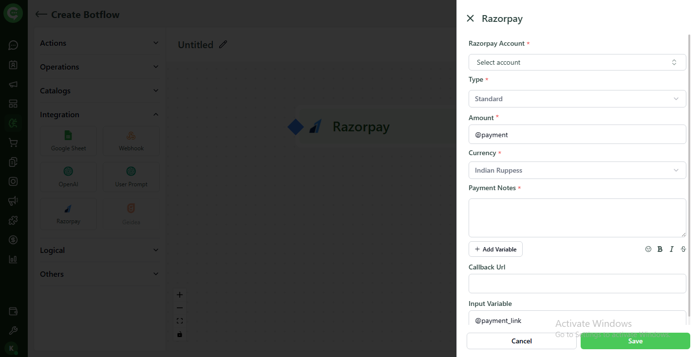 Razorpay integration configuration: amount, currency, callbacks, and variables