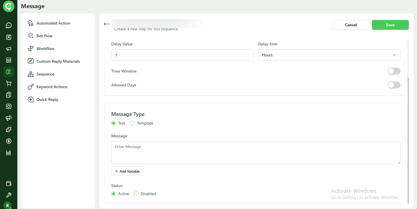 Configure delay and schedule for a sequence step in KWIC
