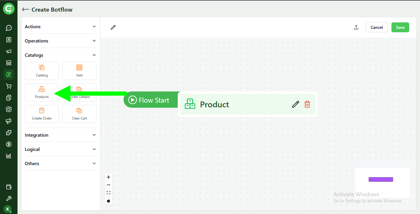 Product action in BotFlow catalog and commerce section