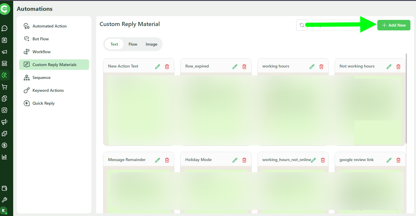 Custom Reply Material section in KWIC Automations
