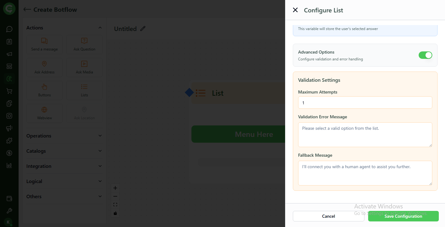 List action preview showing interactive menu in WhatsApp chat