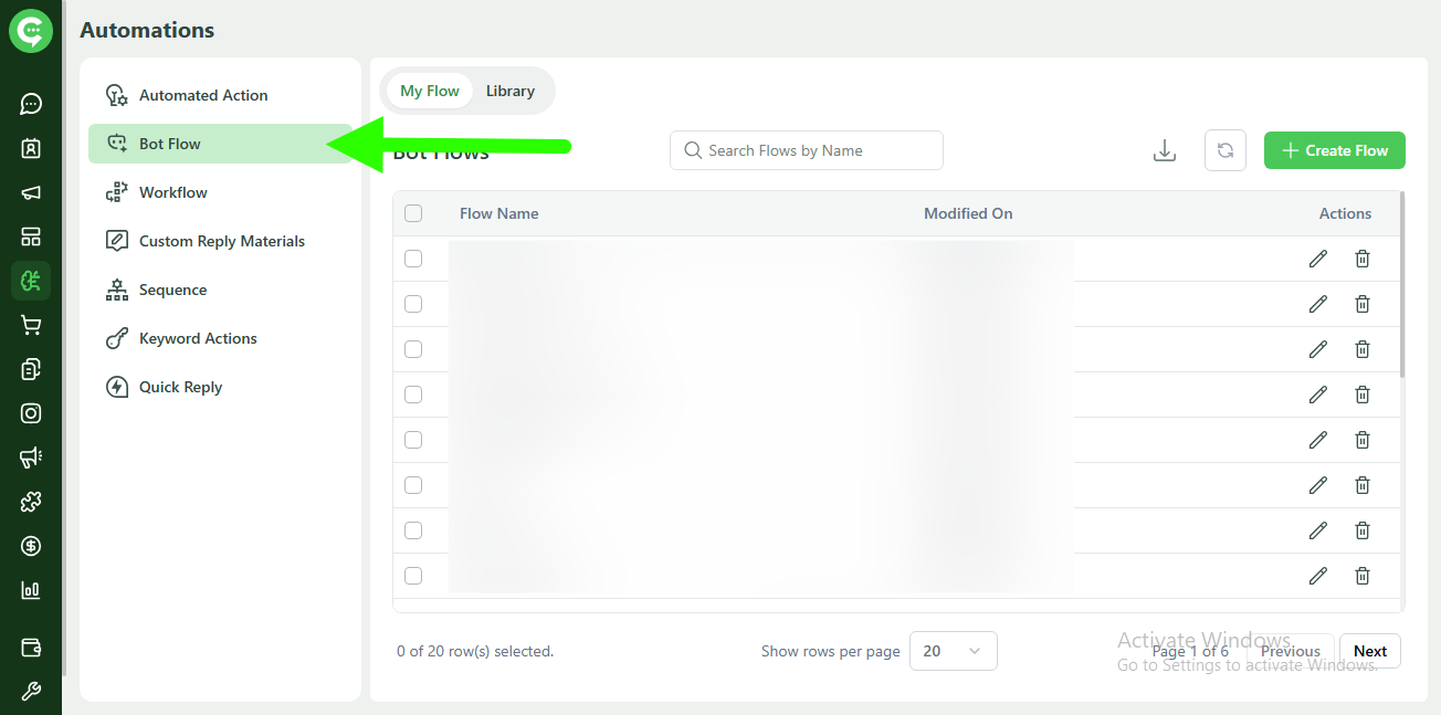 Automations menu with BotFlow (Flow Builder) option