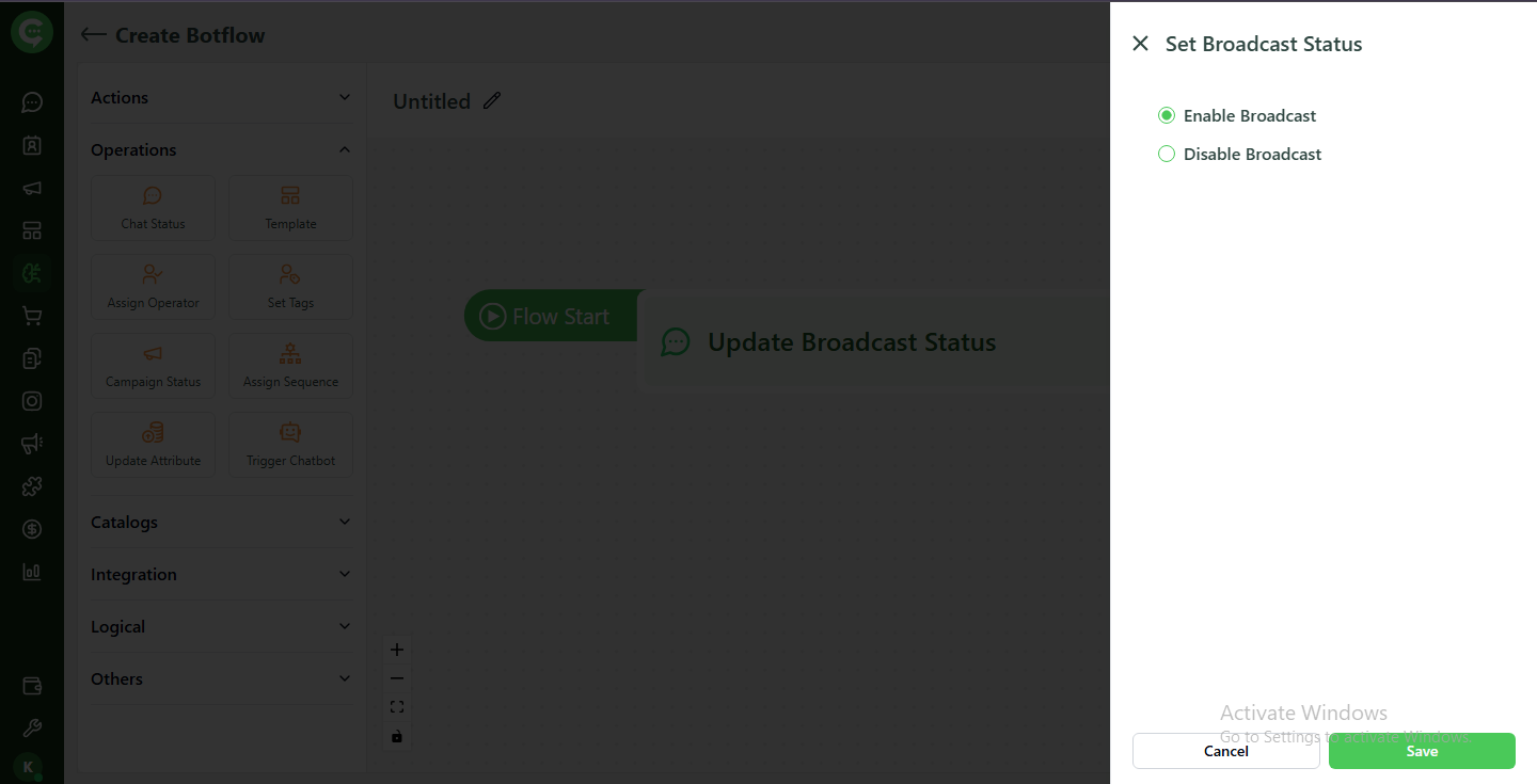 Set Broadcast Status options: Enable Broadcast and Disable Broadcast