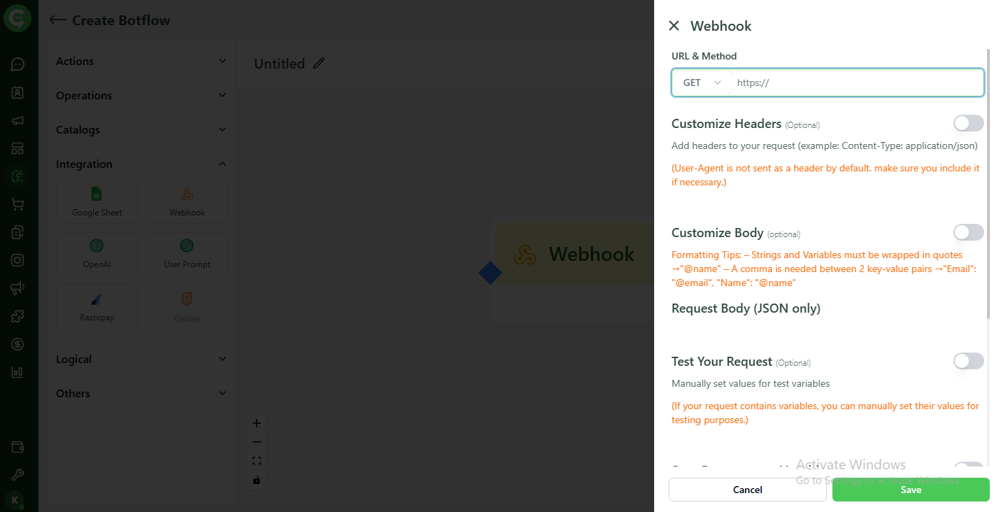 Webhook configuration screen: URL and request method