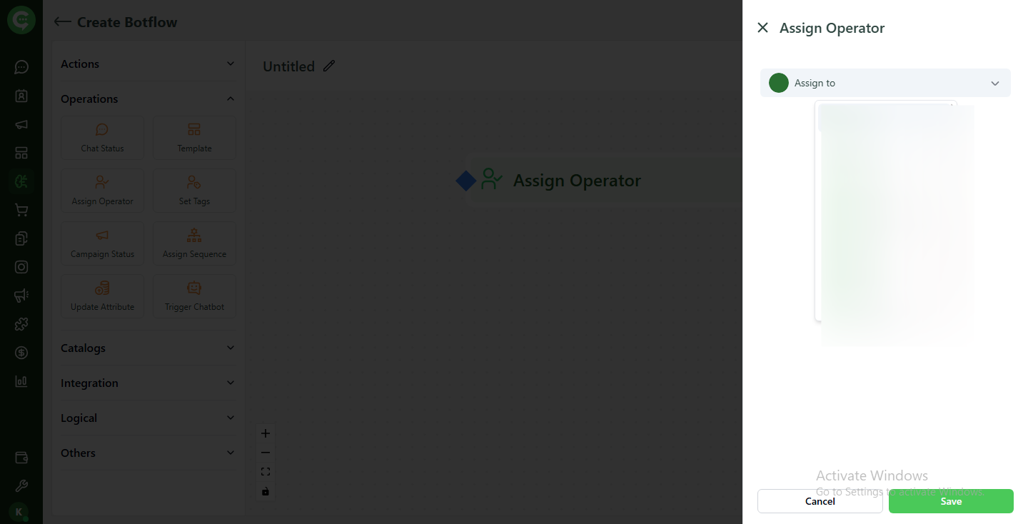 Assignment Operator settings to assign the flow to a team member