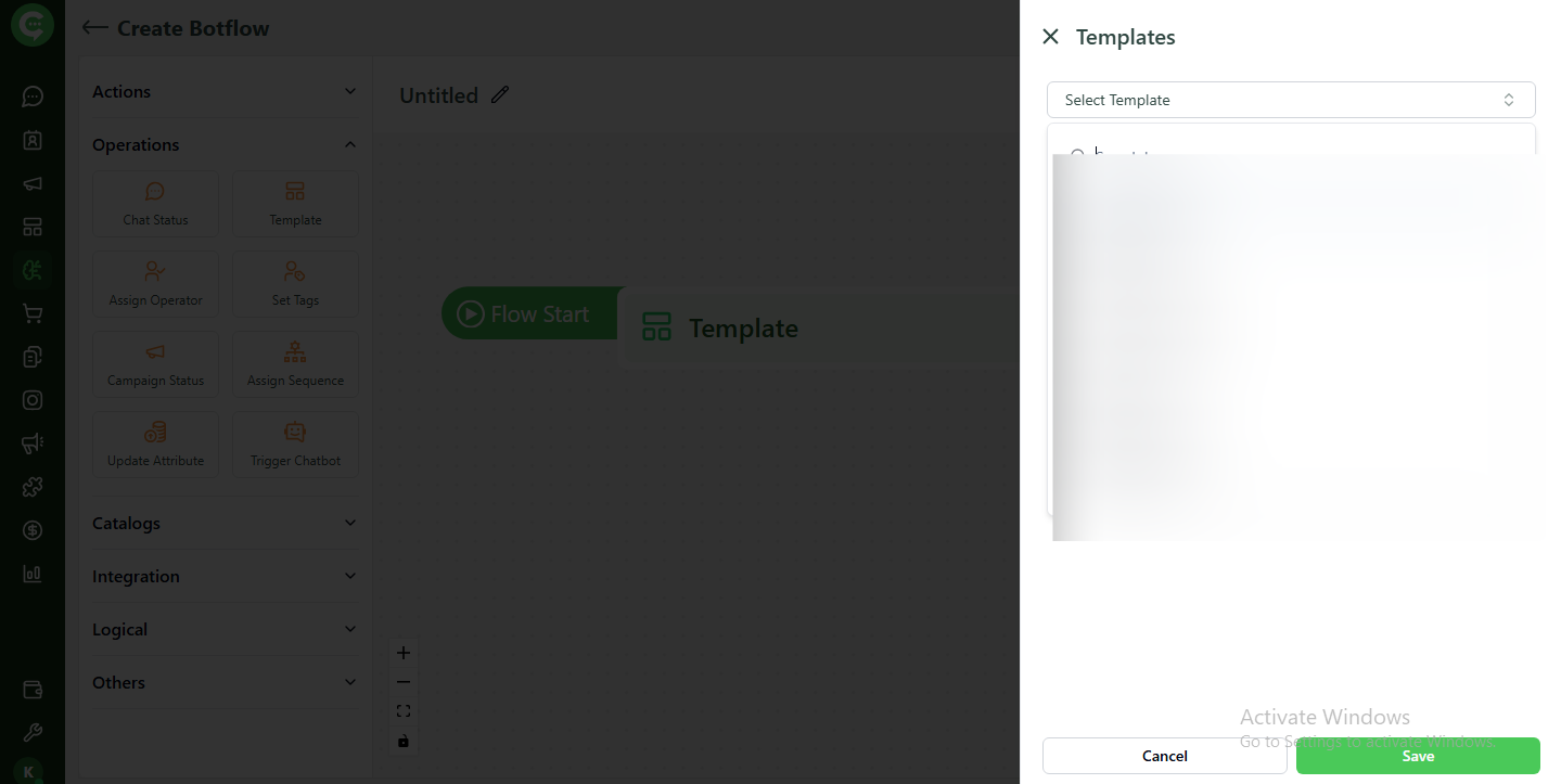 Template picker in BotFlow to select a WhatsApp template