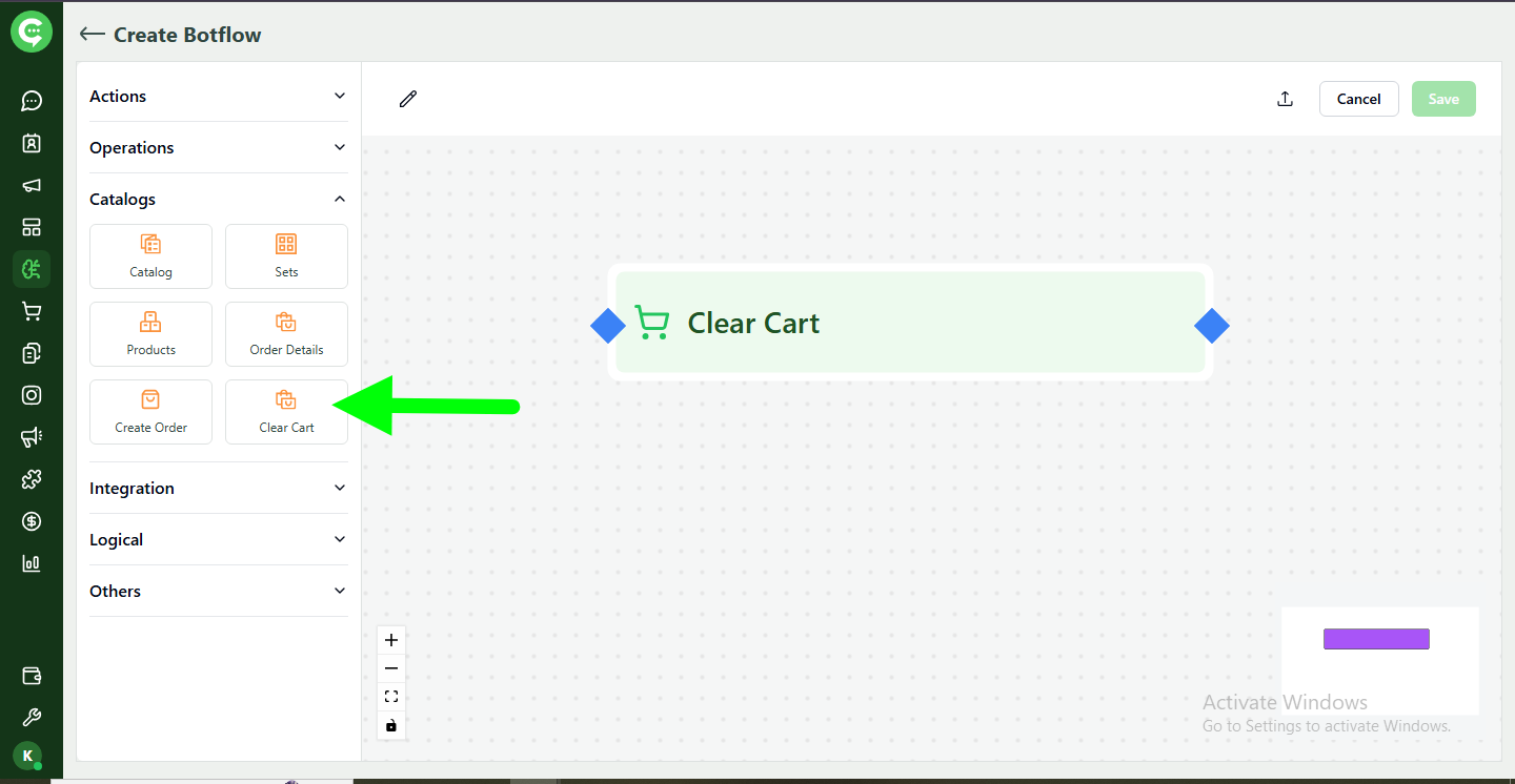 Clear Cart action in KWIC BotFlow commerce actions