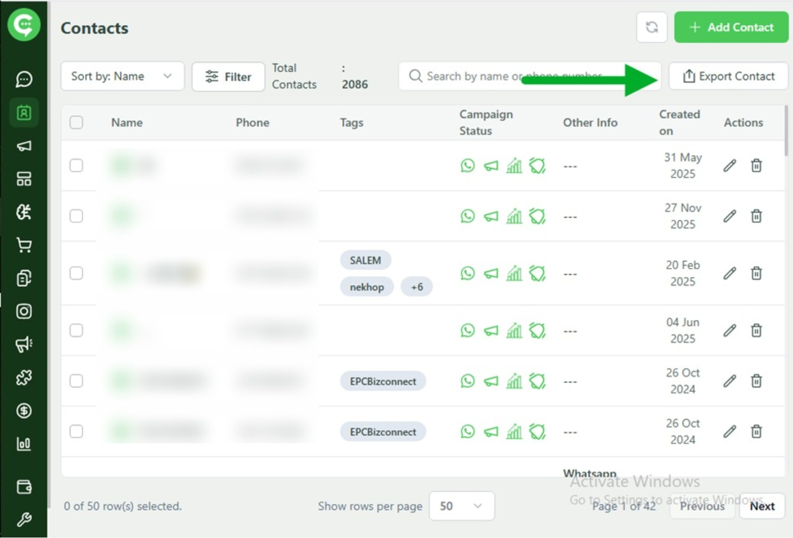 Choose export type for contacts in KWIC