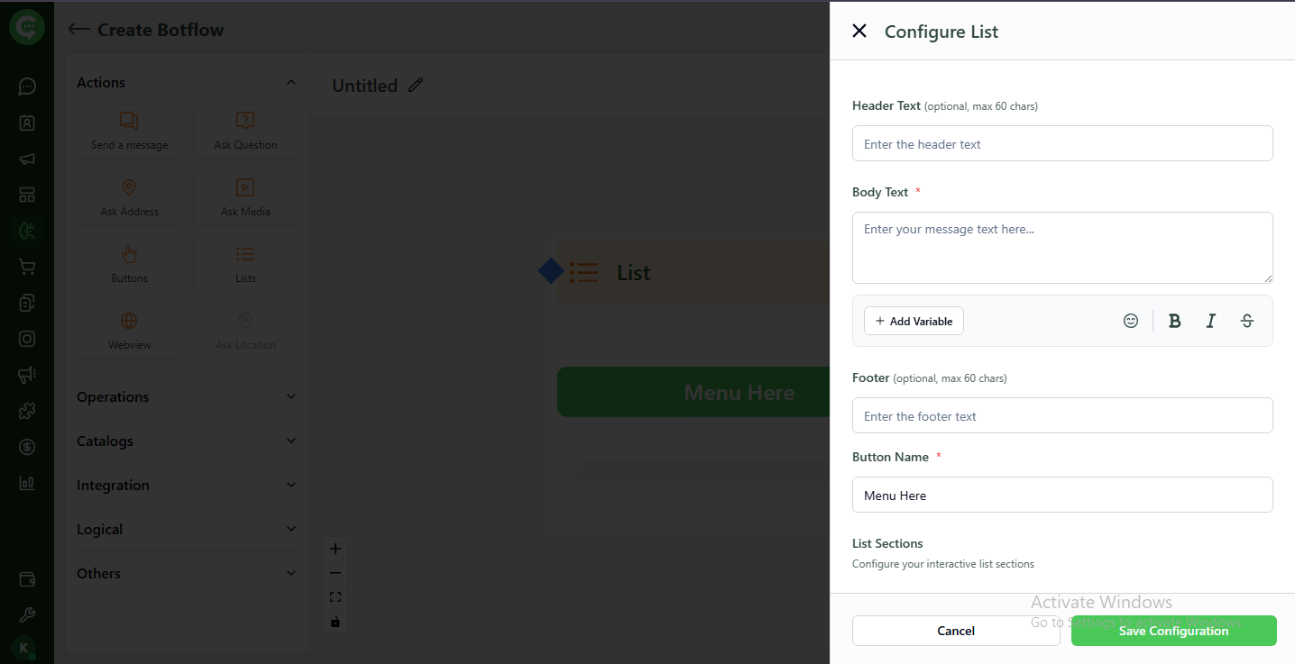 List action configuration: header, body, footer, button name