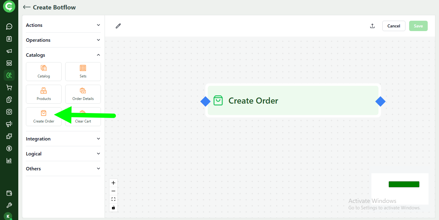 Create Order action in KWIC BotFlow commerce actions