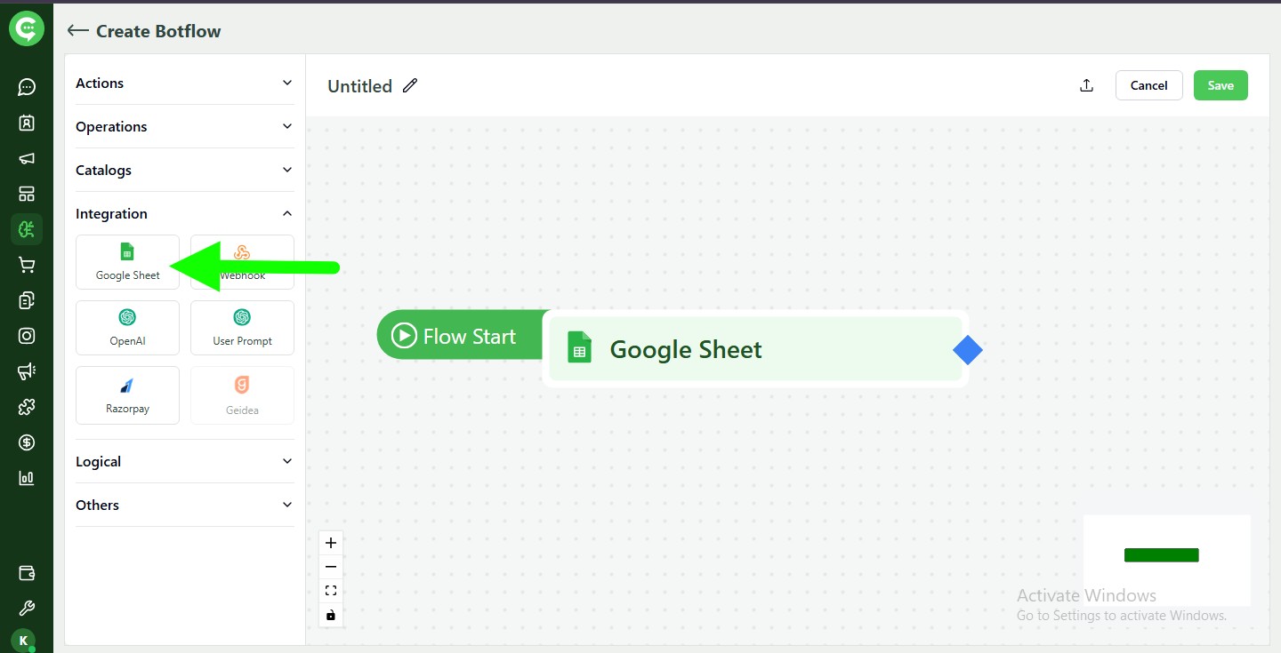 Google Sheets integration block in KWIC BotFlow