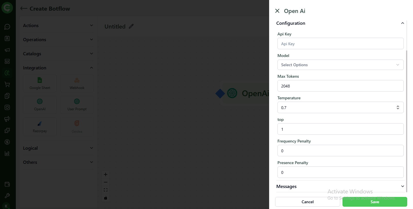 OpenAI integration settings: prompt and response variable mapping