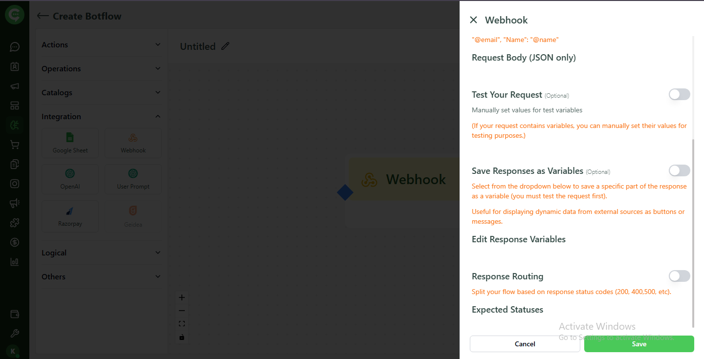 Webhook testing and response handling settings in BotFlow
