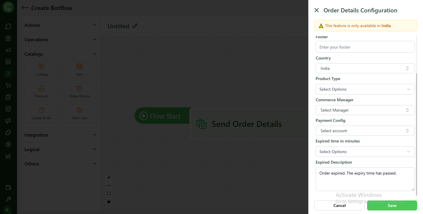 Order Details fields: variables, country, product type, and footer