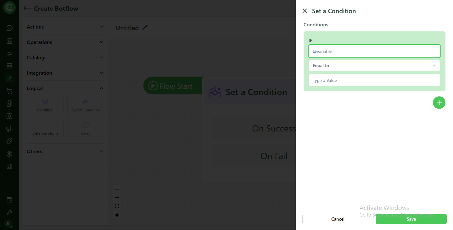 Set Condition configuration screen: variable, operator, and comparison value