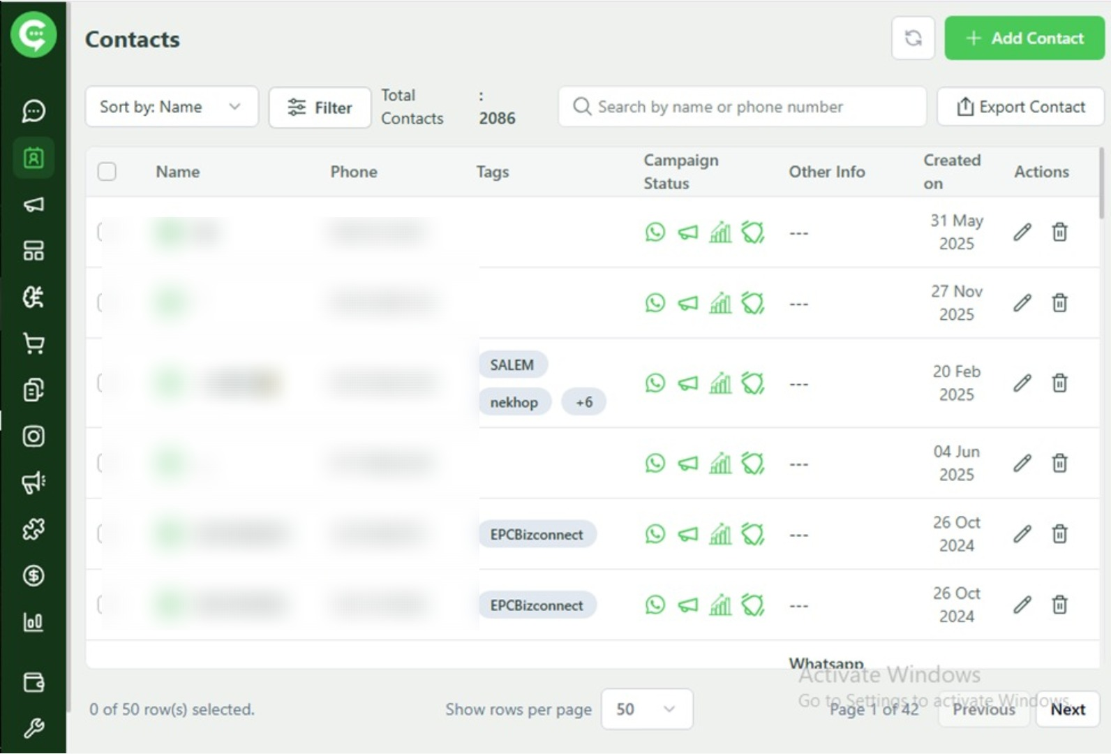 KWIC Contacts page (WhatsApp CRM)