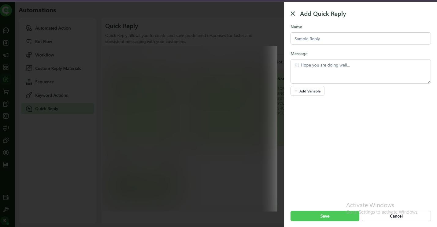 Quick Reply editor: name, message, and variables