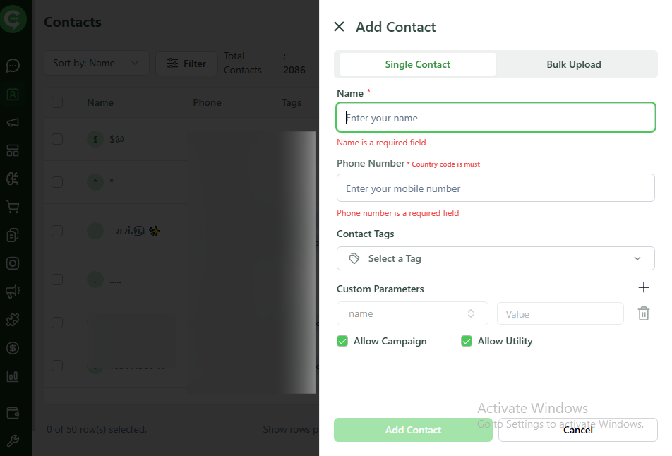Enter contact name and phone number in KWIC
