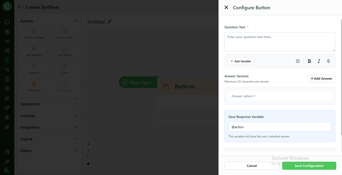 Buttons action configuration screen in KWIC BotFlow