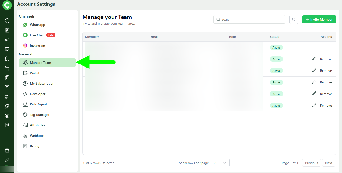KWIC Settings menu showing Team Management (Manage Team)