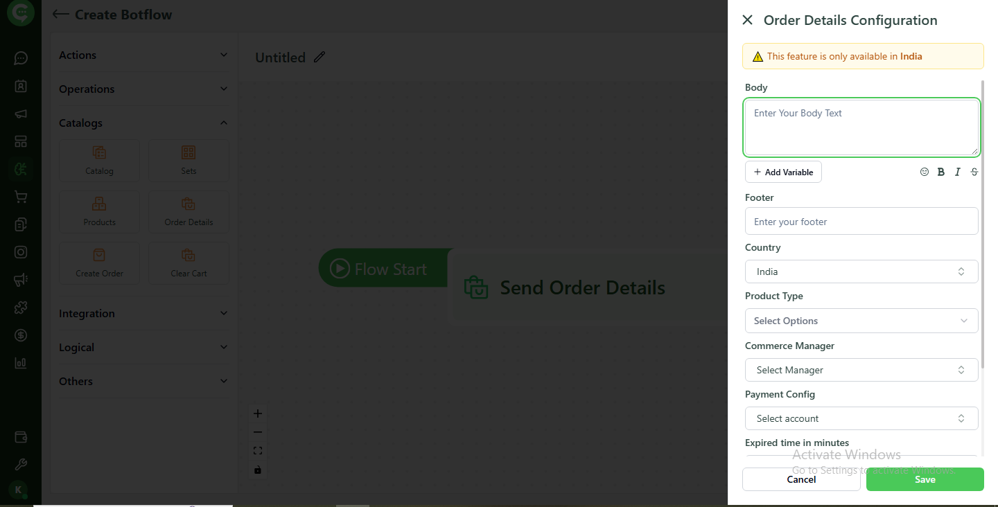 Order Details configuration screen in KWIC BotFlow