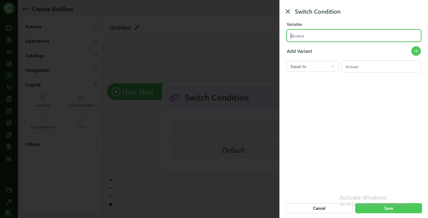 Switch Condition configuration to route based on a variable value