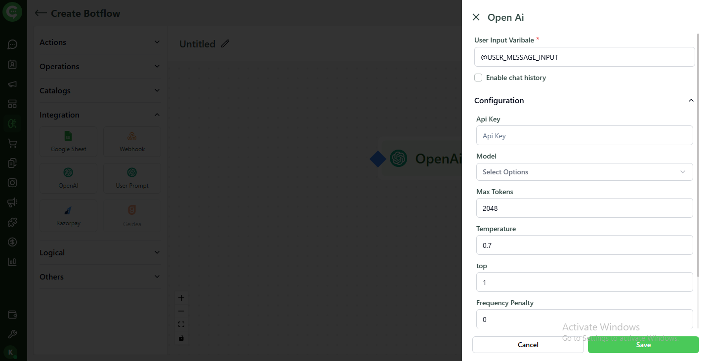 OpenAI integration configuration: API key, model, and token settings