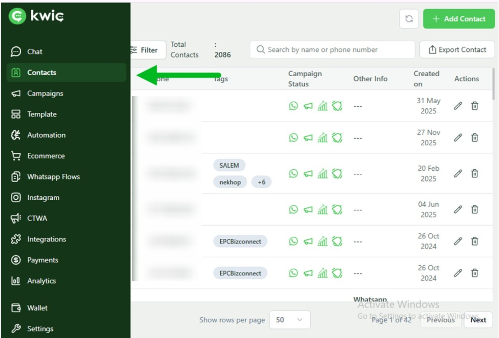 Open Contacts page before exporting contacts in KWIC