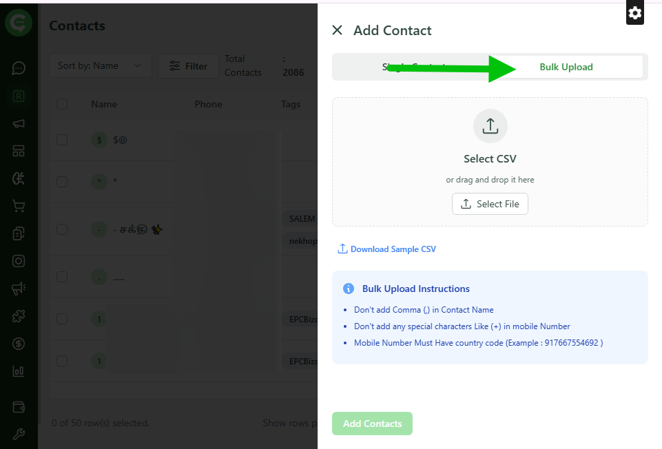 Upload CSV file for bulk contact import in KWIC