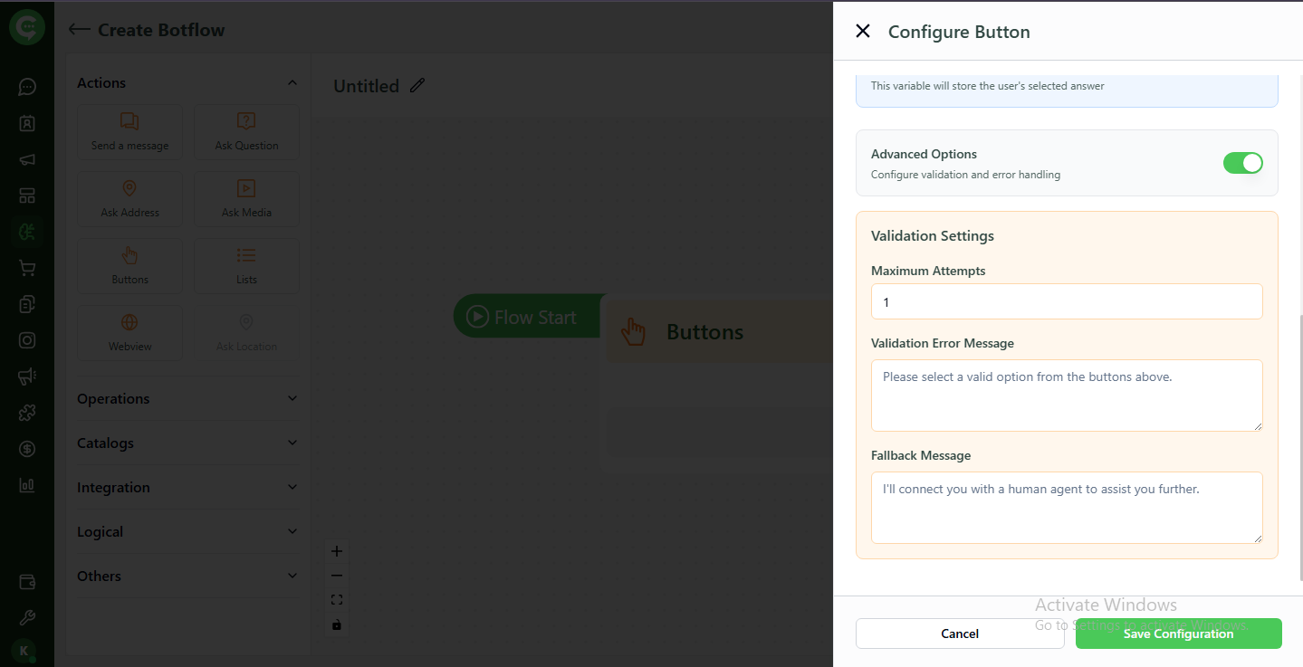 Buttons action options and save response variable in KWIC BotFlow