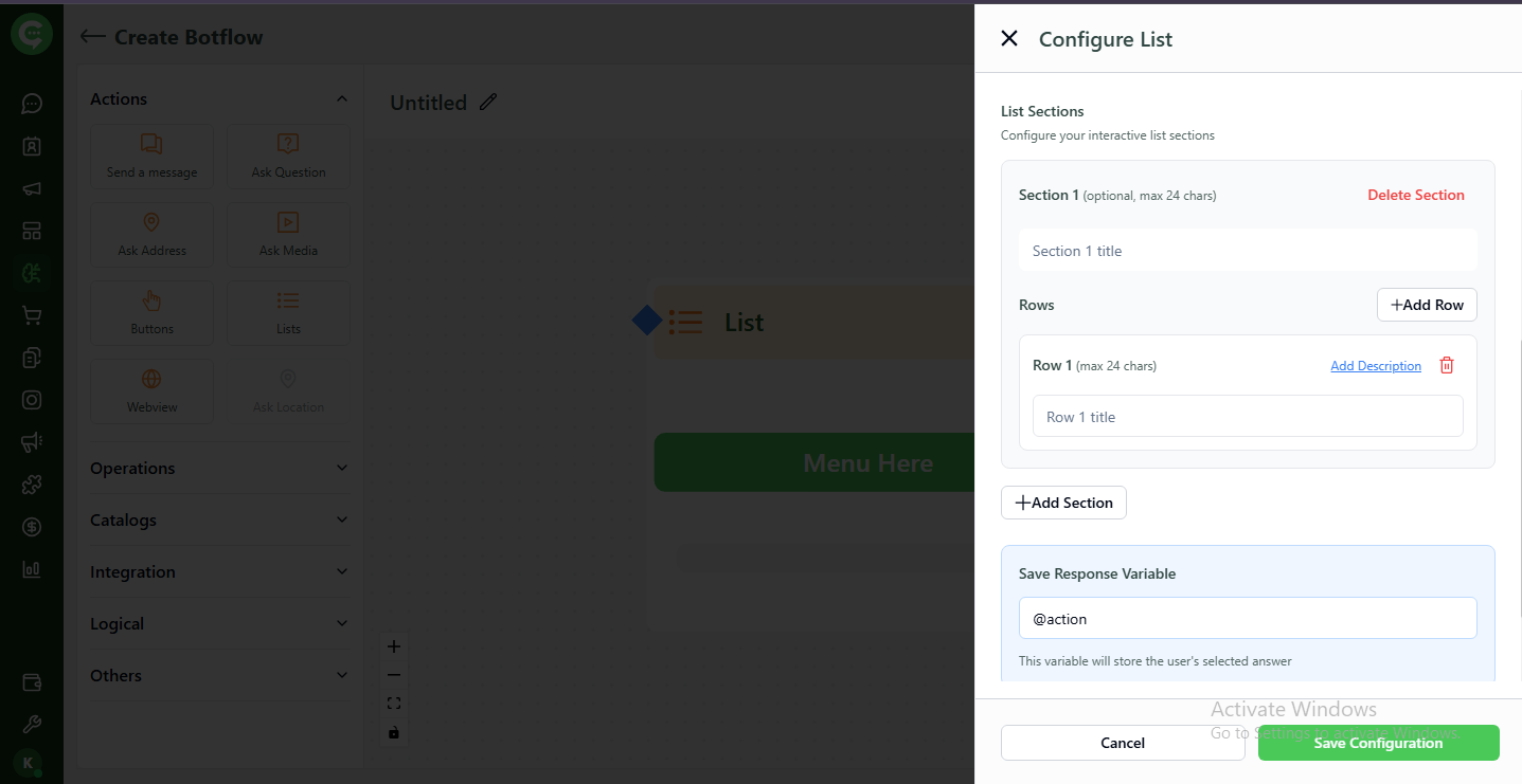 List action section setup and row configuration in KWIC BotFlow