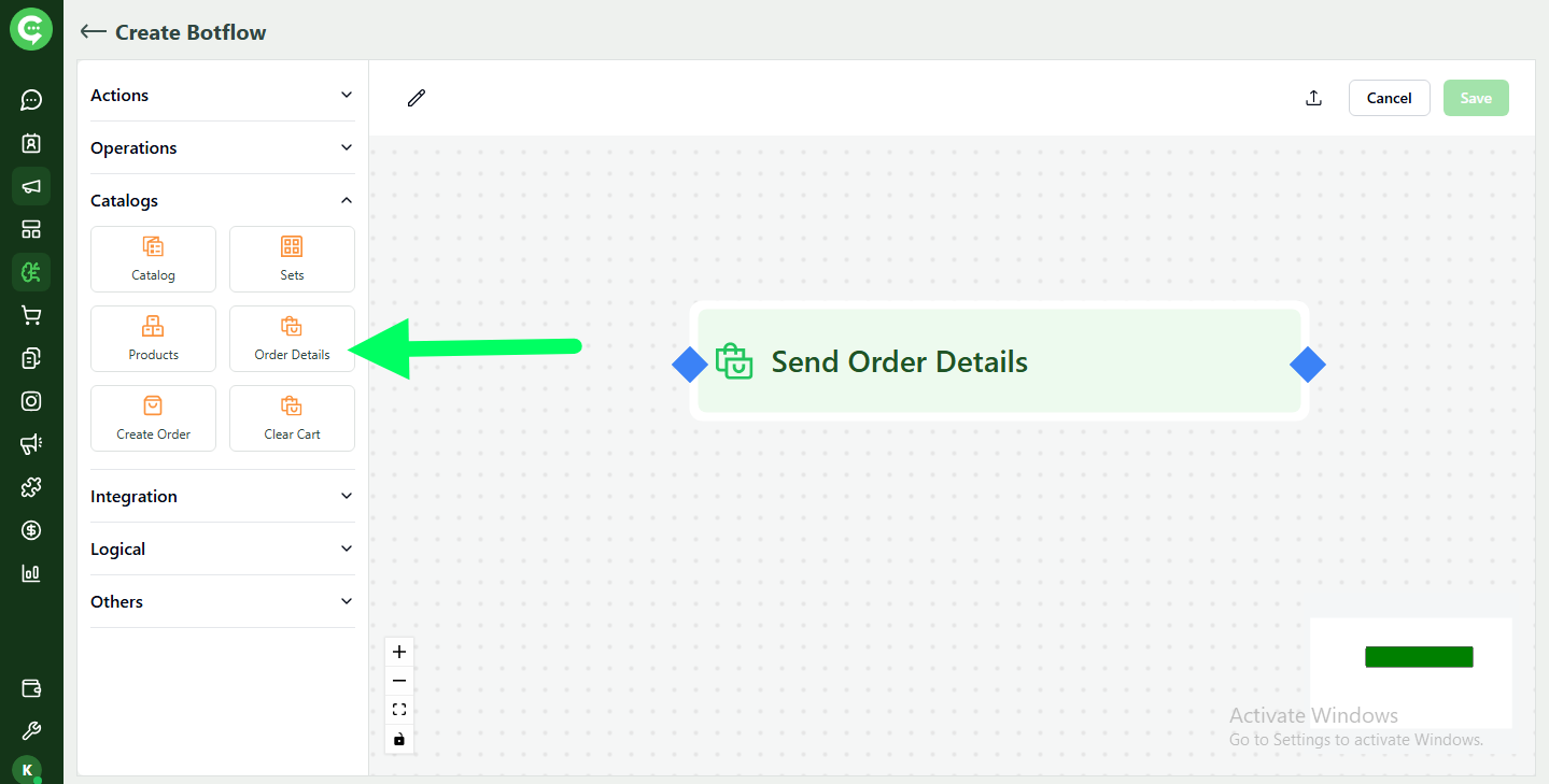 Order Details action in BotFlow commerce actions